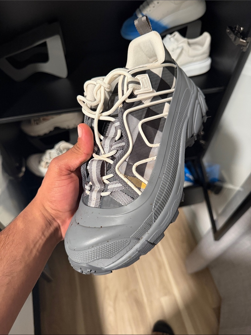 Burberry Gray, Cream and Black Chunky Trail Runner Sneakers